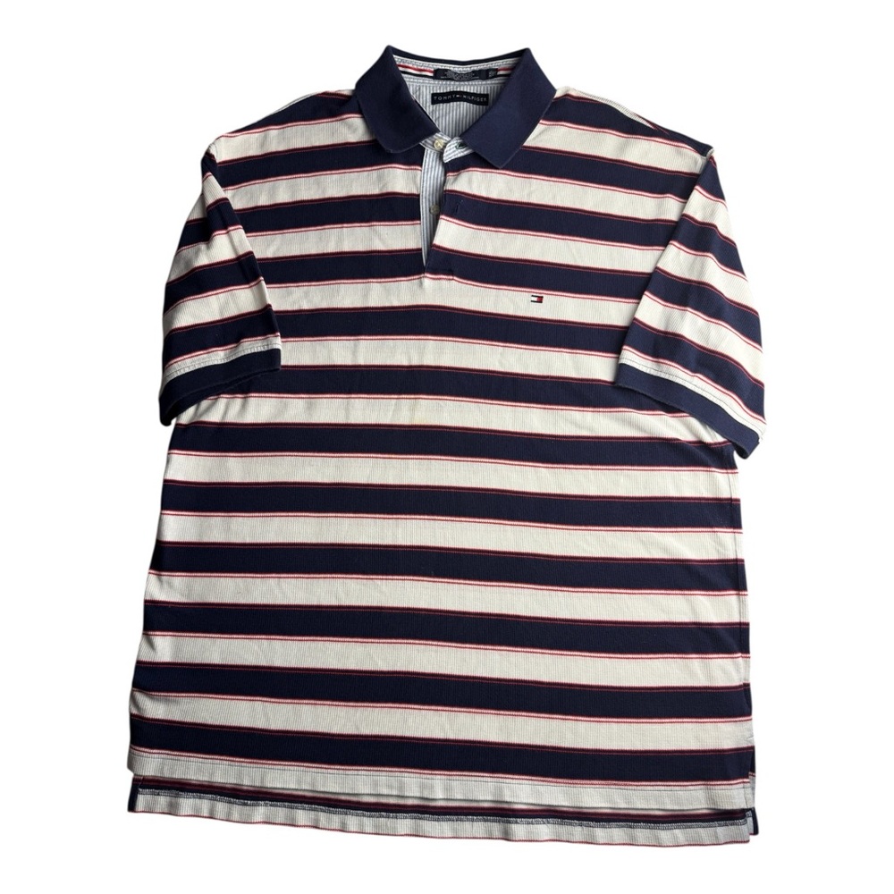 VTG Tommy Hilfiger Red Blue and White Striped Polo Shirt Y2K SZ XXL Pre Owned